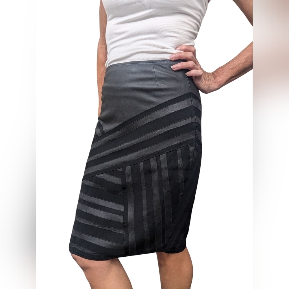 Lafayette 148 Black 100% Leather Striped Pencil Skirt 2
